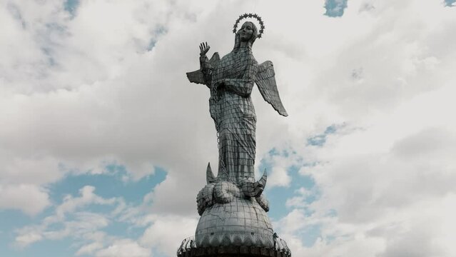 Drone Ascending On Large Metal Sculpture Of The Virgin Of El Panecillo In Quito, Ecuador. Aerial Shot