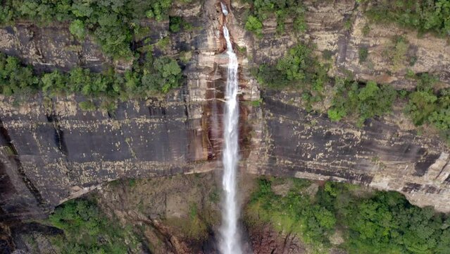 Nohkalikai Falls, Tallest Plunge Waterfall In Meghalaya, India. - aerial