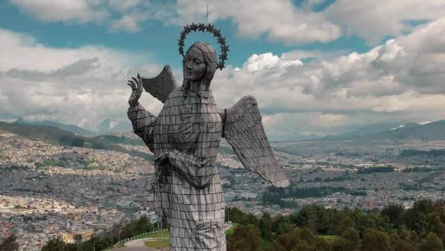 The Virgen de El Panecillo, Popular Statue In Quito, Ecuador - aerial drone shot