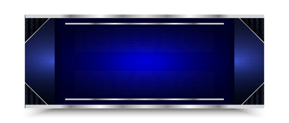 Rectangular banner template, line frame design and point texture in shiny silver color, dark blue background, luxury and elegant style,