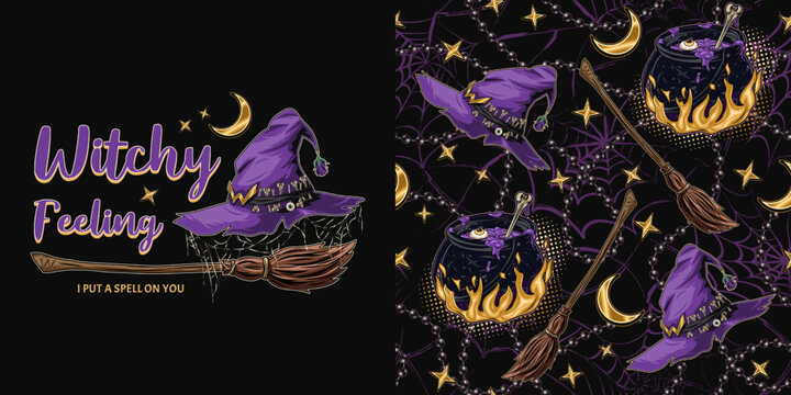 Set of halloween pattern, label with witch purple hat with cobwebby veil, old fashioned broom, gold crescent, stars, text, cauldron with potion on fire. Symbols of witchcraft. Vintage style.