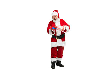 Portrait of senior man in image of Santa Claus with present box for kids isolated over white background