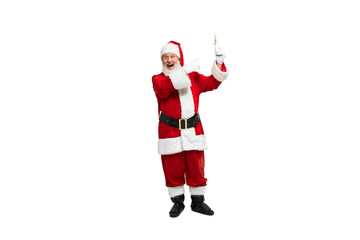 Portrait of senior man in image of Santa Claus cheerfully holding letter isolated over white background