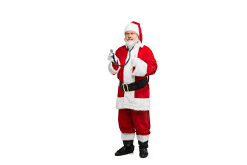 Portrait of senior man in image of Santa Claus posing with phonendoscope isolated over white background