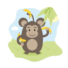 
seth monkey with bananas funny round illustration for kids greeting card print