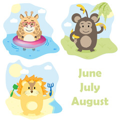 Obraz premium set cute animals giraffe monkey lion summer of the month summer on the beach in an inflatable circle summer games illustrations for children postcard print
