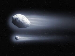 Two comets with glowing tails in deep space. Celestial objects of the solar system. Large comet with satellite.