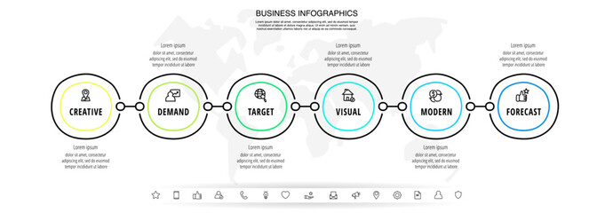 Vector line infographics with 6 rectangles. Business concept graphic process template with six steps and labels. Graphic timeline, chart, levels, web, diagram, banner, presentations
