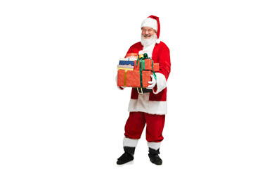 Portrait of senior man in image of Santa Claus with present box isolated over white background. Holiday surprise