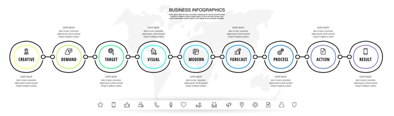 Business vector infographics with nine circles. Hand drawn timeline visualization with 9 steps for diagram, flowchart, banner, presentations, web, content, levels, chart, graphic
