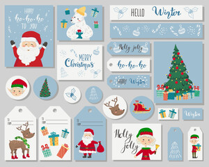 Set of Christmas tags, cards and labels with holiday elements. Christmas gift tags with cute santa claus, deer, polar bear and snowflakes