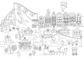 Christmas city coloring page. Christmas Fair on Town Square, street markets and cute animals. Coloring book for children and adults