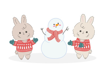 Vector illustration of kawaii rabbits in sweaters and a snowman. Christmas and New Year concept