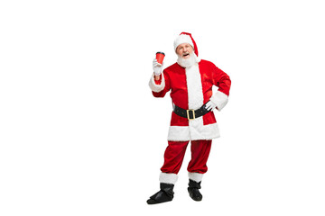Portrait of senior man in image of Santa Claus isolated over white background. Coffee break