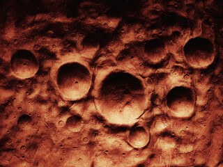 Surface of Mars at close range. Large impact craters cover the red planet. Martian panorama. © Nazarii