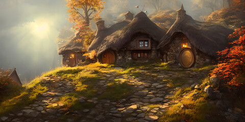 A picturesque painting of a hobbit cottage - obrazy, fototapety, plakaty