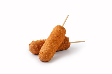 Corn dogs isolated on white background with clipping path. Traditional American street food. Fried sausages on a sticks. Сorn dog, corndog.