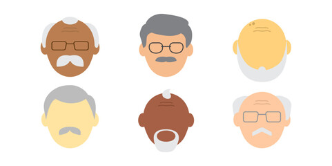 Cartoon face old man vector icon, avatar people, character head , senior person different. Profile grandfather isolated on white background. Glasses, bald head, mustache and beard. Human illustration