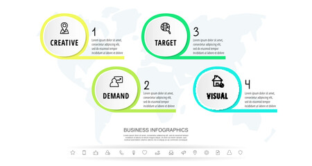 Modern infographics vector template. Business data visualization. White process chart. Simple design with four circles, steps, options, parts or processes.