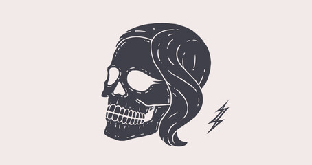 Skull girl. Poster of vintage black skull woman, hipster label, portrait girl on white background. Retro old school illustration for t-shirt print, tattoo, fashion theme. Vector Illustration