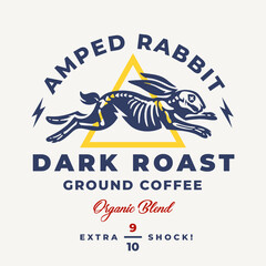 Creative organic coffee label design. Rabbit skeleton caffeine energy shock logo. Craft roast coffee package design element. Electric hare bones icon. Vector illustration.