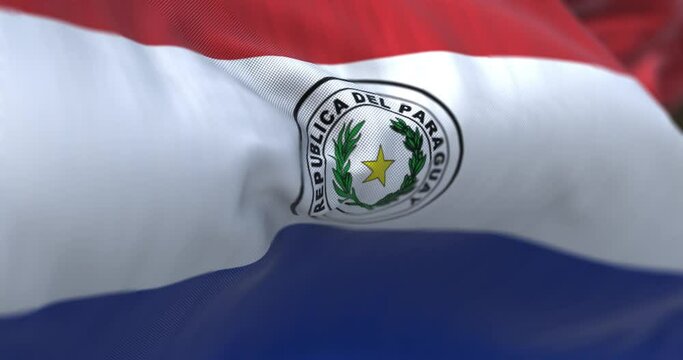 Close-up view of the Paraguay national flag waving in the wind