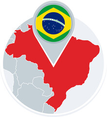 Brazil map and flag, map icon with highlighted Brazil