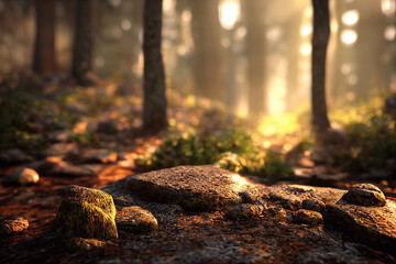 Obraz premium Computer generated illustration of a forest floor in spring with tree trunks in the background, moss and rocks and amber spring sunlight shining through. A.I. generated art.
