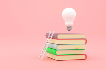 stack of books with white ladder and illuminated light bulb on top of them. © photobuay