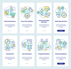 Fototapeta premium Structure of case study and drafting onboarding mobile app screen set. Walkthrough 4 steps editable graphic instructions with linear concepts. UI, UX, GUI template. Myriad Pro-Bold, Regular fonts used