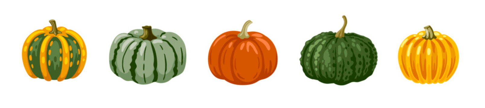 Cute Hand Drawn Pumpkin Of Various Colors. Striped Gourd Collection. Set Of Vector Cartoon Illustration.