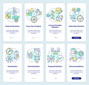 Structure Of Case Study And Drafting Onboarding Mobile App Screen Set. Walkthrough 4 Steps Editable Graphic Instructions With Linear Concepts. UI, UX, GUI Template. Myriad Pro-Bold, Regular Fonts Used