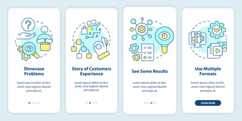 Elements of case study onboarding mobile app screen. Structure walkthrough 4 steps editable graphic instructions with linear concepts. UI, UX, GUI template. Myriad Pro-Bold, Regular fonts used