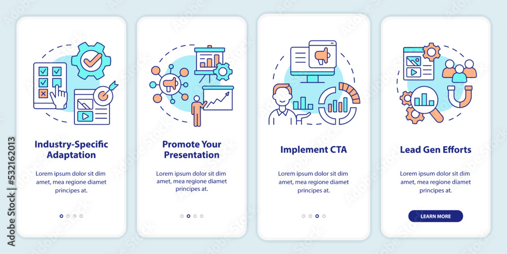 Poster marketing case study onboarding mobile app screen. business walkthrough 4 steps editable graphic ins
