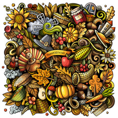 Cartoon digital doodles Happy Thanksgiving Day illustration