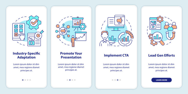 Marketing Case Study Onboarding Mobile App Screen. Business Walkthrough 4 Steps Editable Graphic Instructions With Linear Concepts. UI, UX, GUI Template. Myriad Pro-Bold, Regular Fonts Used