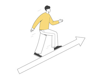 Man goes along the big arrow up. Vector outline illustration