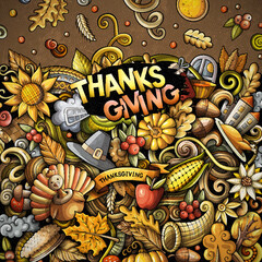 Cartoon digital doodles Happy Thanksgiving Day frame