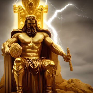 3d graphic illustration of golden greek god of thunder zeus ,king of gods sitting on throne, white thunderbolt in back