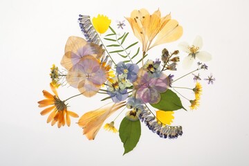 Wild dried meadow flowers on white background, top view