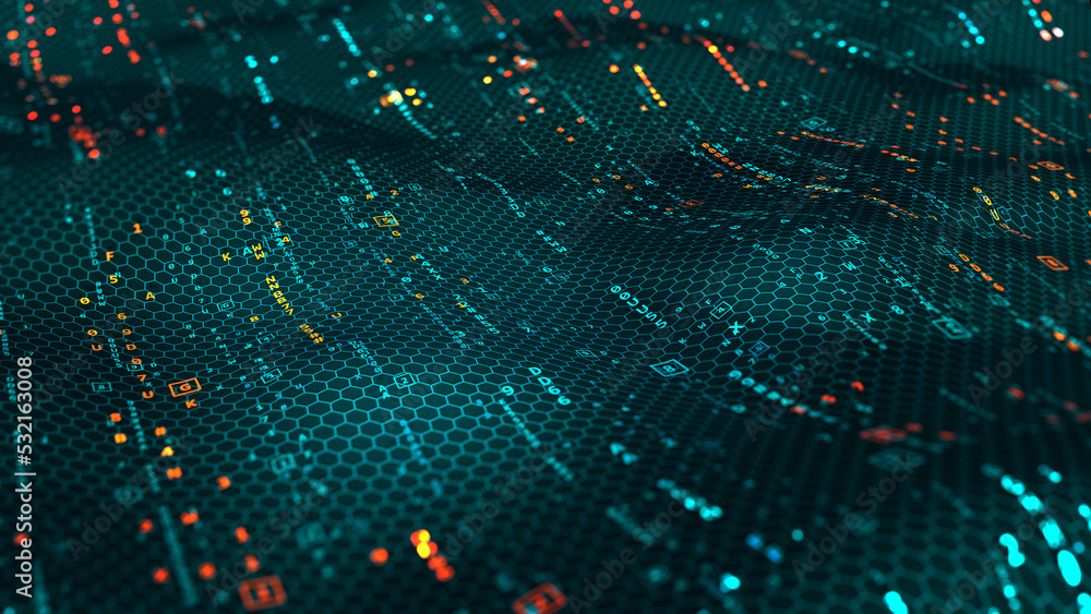 Poster Code and cipher of the crypto field. Neuro network 3D illustration. Big Data Cyber Stream
