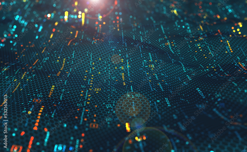 Fototapete Code and cipher of the crypto field. Neuro network 3D illustration. Big Data Cyber Stream