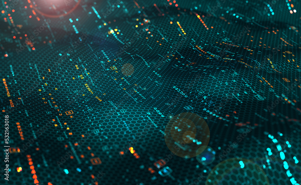 Leinwandbilder Digital data stream. Big Data Metaverse. 3D illustration of network field of code strings