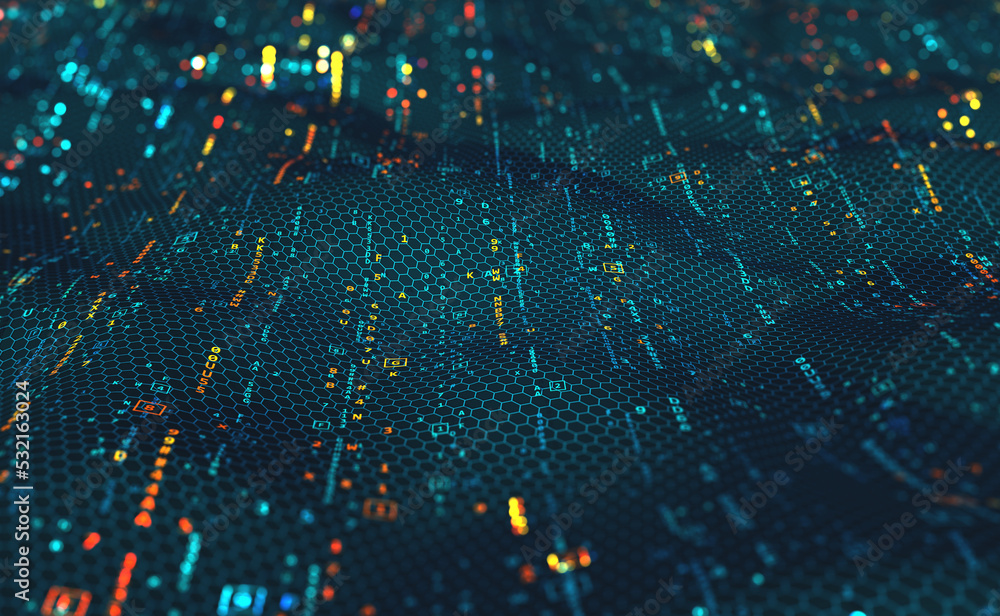 Aufkleber Digital data stream. Big Data Metaverse. 3D illustration of network field of code strings