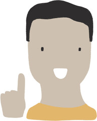Attention illustration, smiling young man clipart.  Happy male cartoon character gives advice, head and finger up isolated graphic.