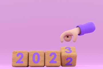 3d. hand and cubes with 2022 - 23.  represents the new year 2023
