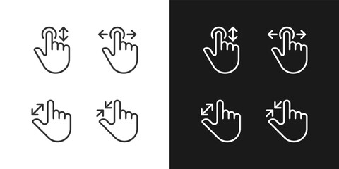 Scrolling and zooming gestures pixel perfect linear icons set for dark, light mode. Touchscreen. Device navigation. Thin line symbols for night, day theme. Isolated illustrations. Editable stroke