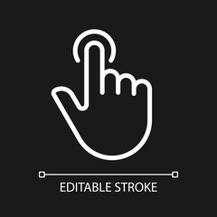 Finger touch pixel perfect white linear icon for dark theme. Touchscreen control. Smartphone display. Thin line illustration. Isolated symbol for night mode. Editable stroke. Arial font used