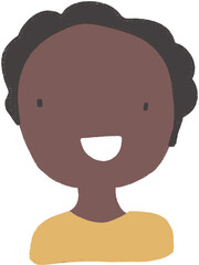 Happy cartoon character black skin, smiling face clipart. Gender neutral person isolated graphic.