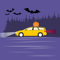 A car carries a pumpkin for Halloween against the backdrop of a night forest and bats.